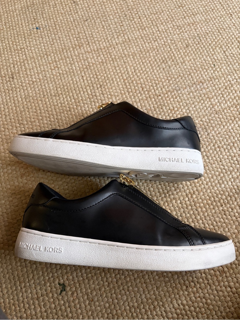 Michael Kors Black Leather Slip-On Sneakers with Gold Zipper - Picture 2 of 6